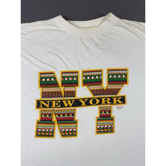 Vintage 90s New York NY Spell Out Art Logo Pattern Tribal White Shirt Short Heel - Picture 3 of 15